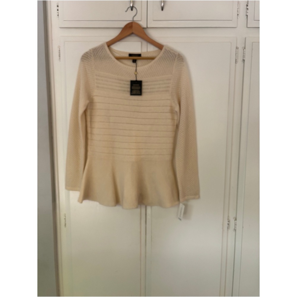 Charter Club Cashmere Peplum Sweater Cream Ivory Pointelle Knit Medium NWT